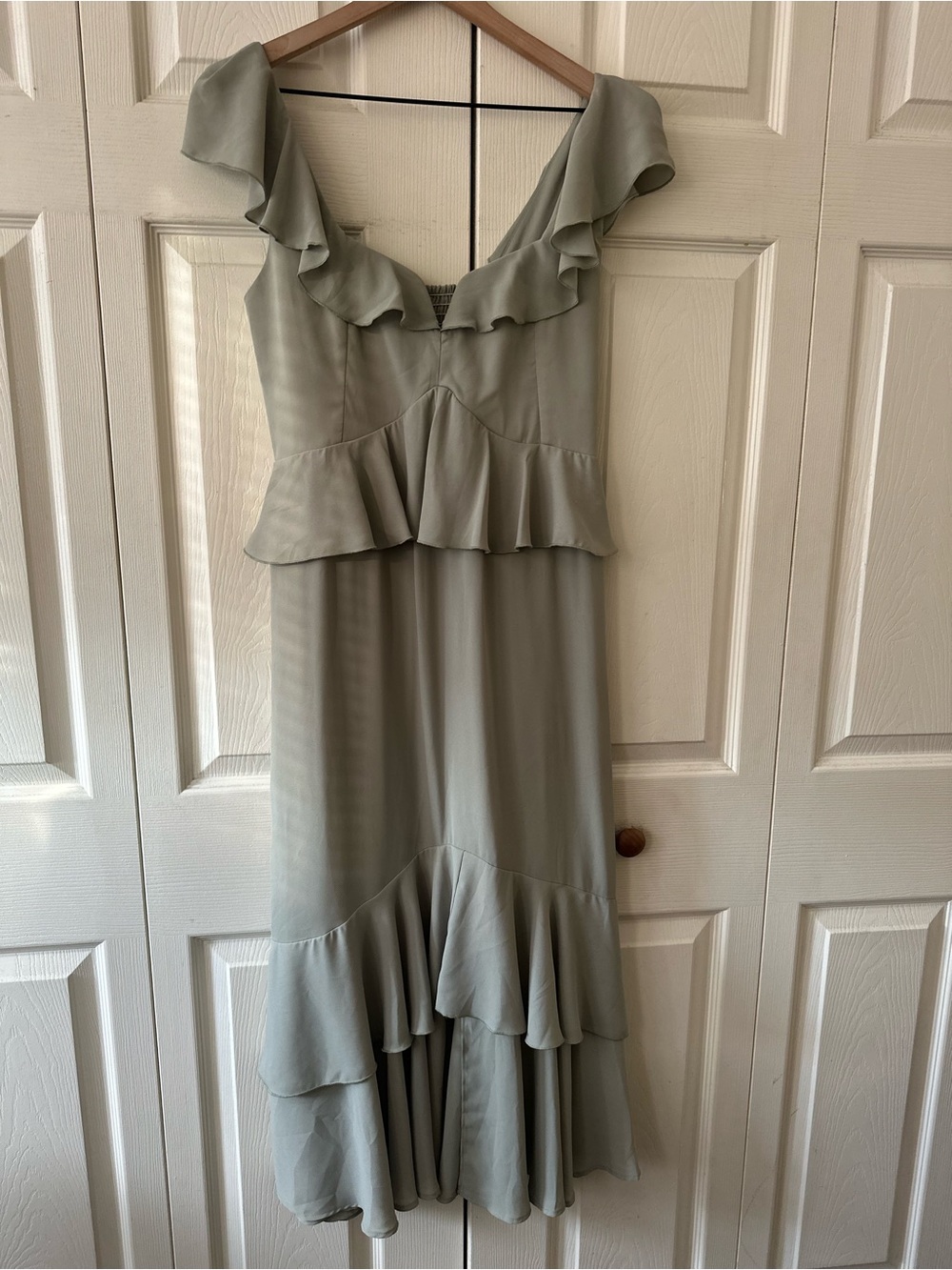 Show Me Your MuMu Paulina Peplum Olive Green Ruffle High-Low Maxi Dress Sz Large - Picture 3 of 10
